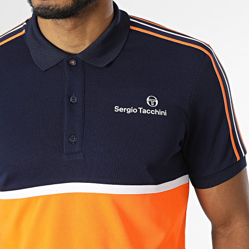 Polo Manches Courtes A Bandes Lista 39977 Bleu Marine Blanc Orange Fluo