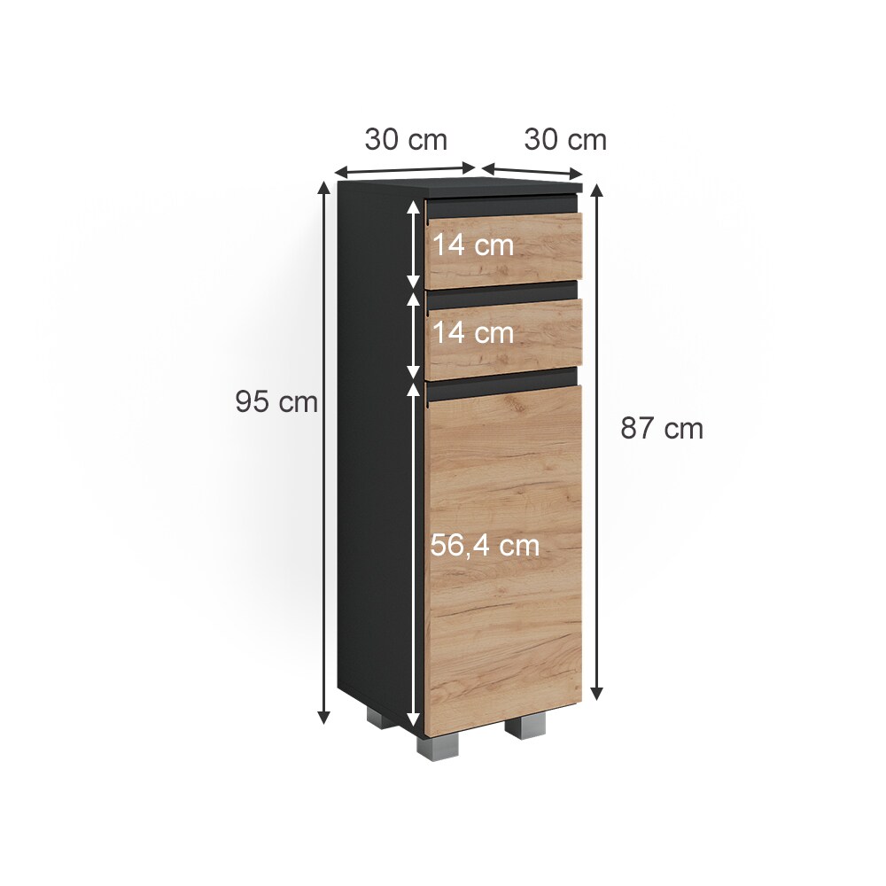 Vicco Midischrank Badschrank Badezimmermöbel J-shape Anthrazit Eiche modern 30x95cm Badezimmer Schrank Badmöbel Schranktür Schrankschublade Schrankfach Ablage Aufbewahrung