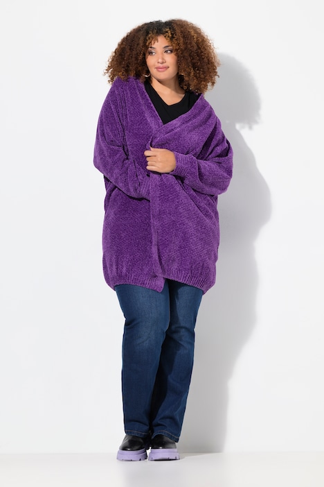 Chenille-Strickjacke, Oversized, V-Ausschnitt, offene Form