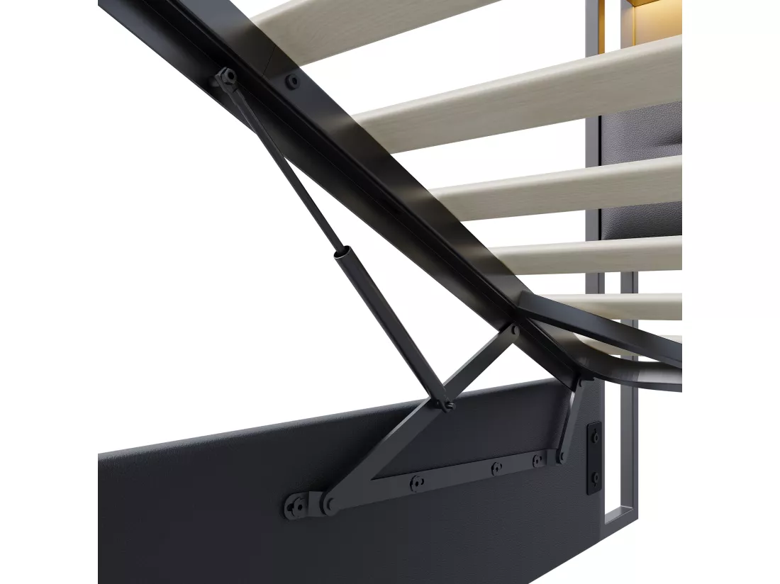 Lit coffre rembourré 160x200cm en tissu de pu - avec LED et port de charge - avec sommier à lattes - Noir