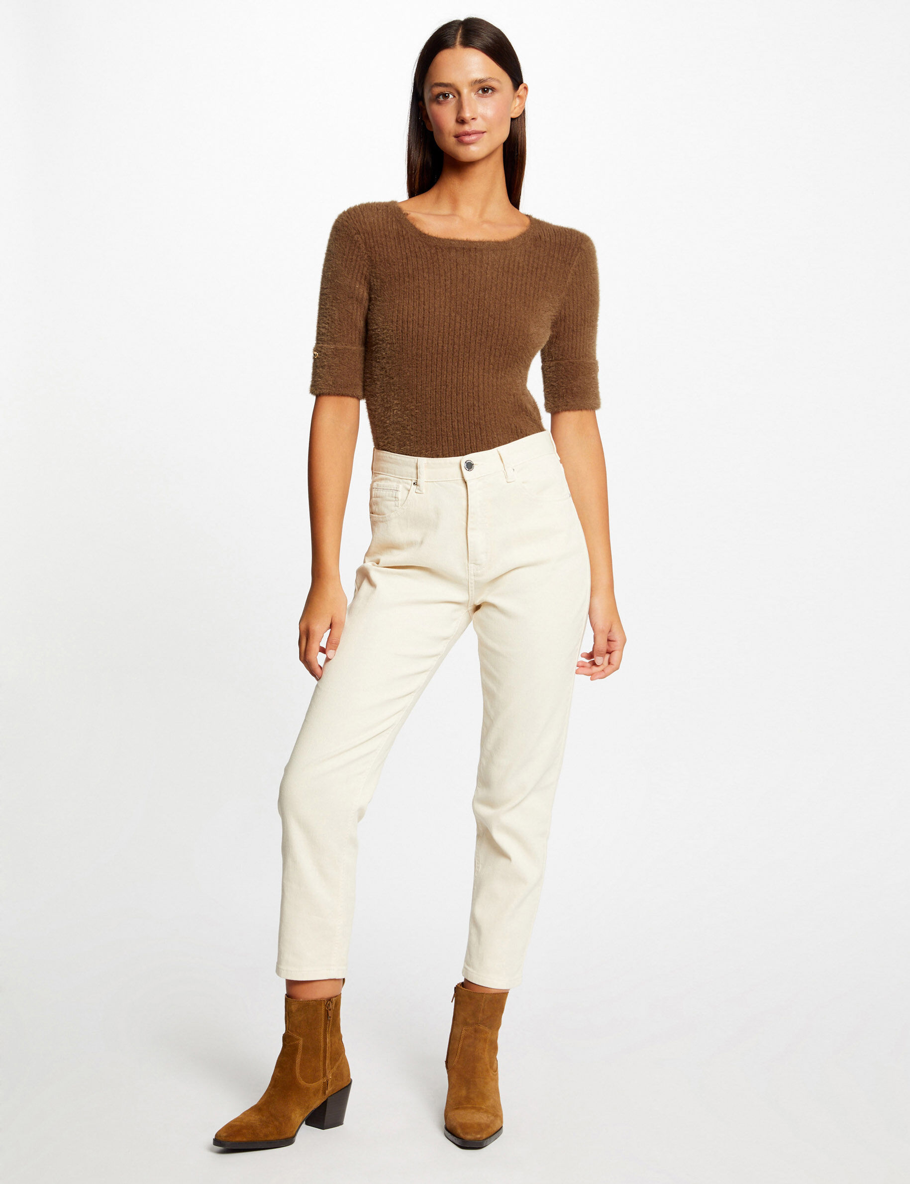 Pull manches courtes côtelé vert moyen femme - vert_moyen