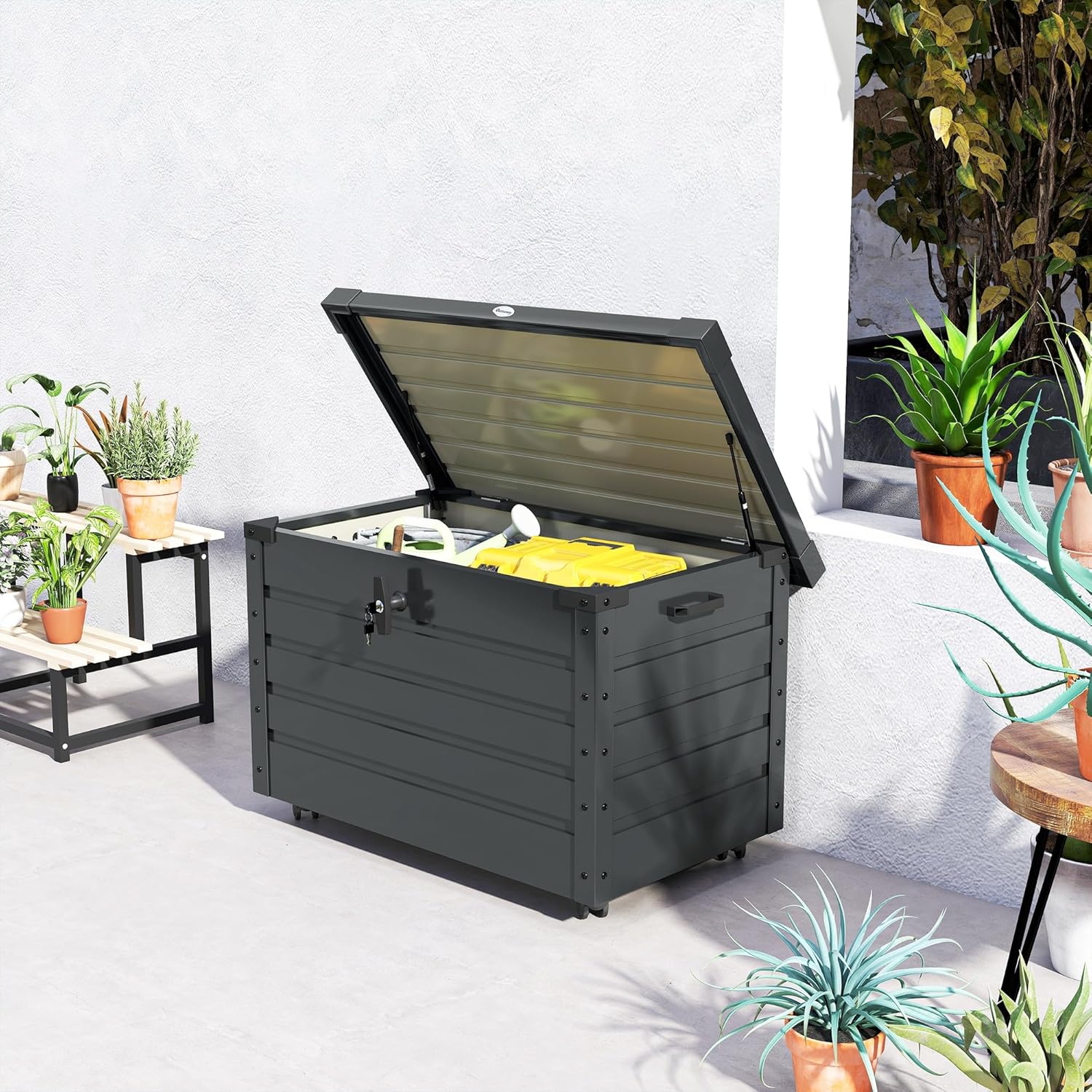 Outsunny Gartenbox Metall 295 Liter Auflagenbox mit Griffen Rollen Schloss Wasserdicht Abschließbar Gartentruhe Outdoor Kissenbox wetterfest Aufbewahrungsbox für Garten Balkon 100 x 62cm Dunkelgrau