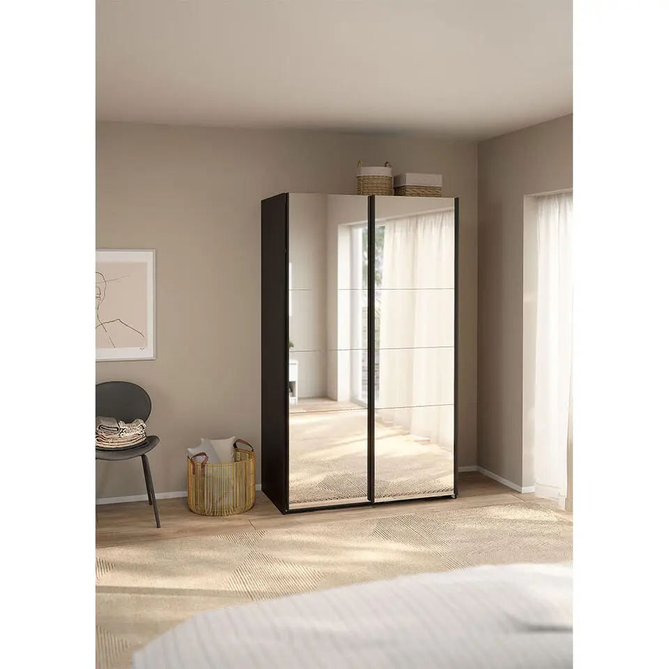 Hioshop Catania schuifdeurkast 2 deuren met spiegel 120x200cm mat zwart