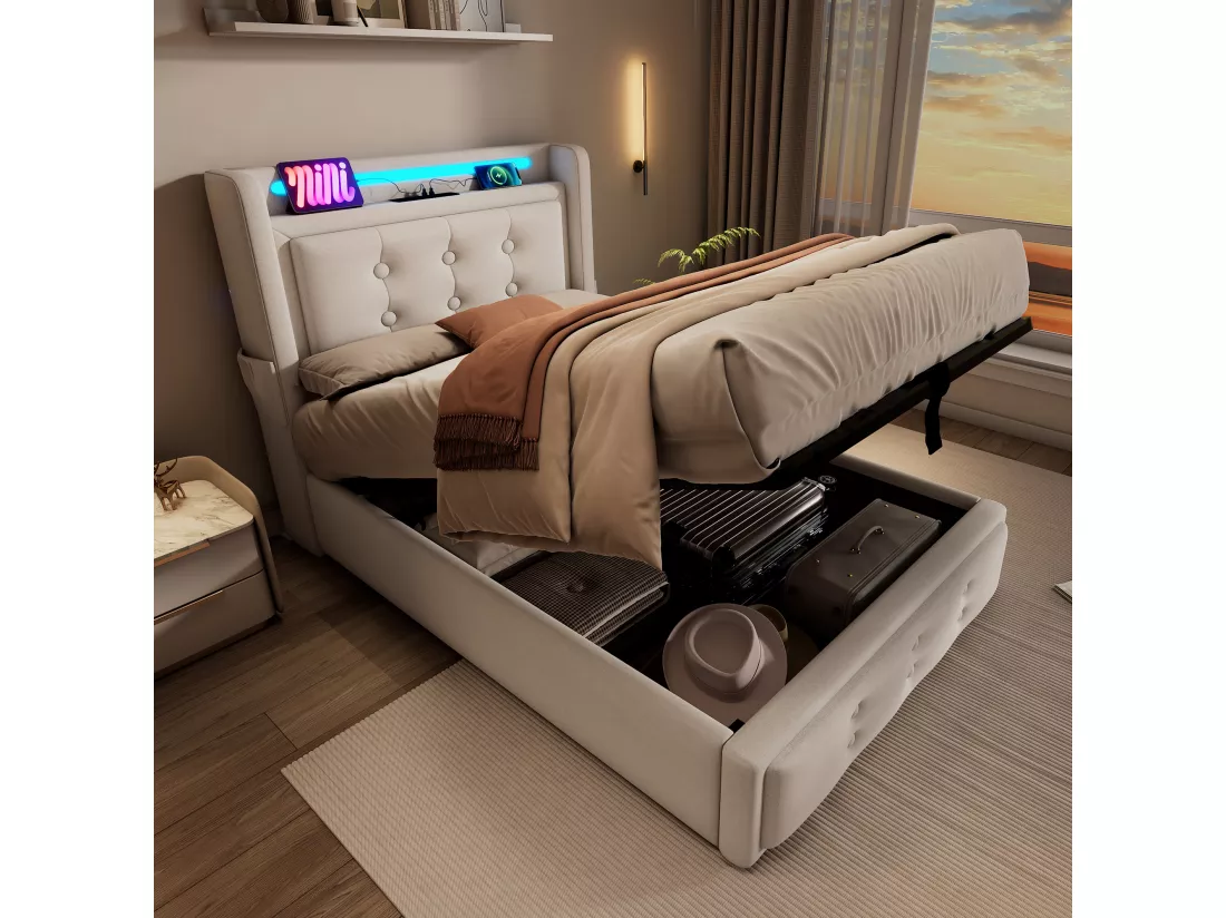 Lit coffre 90 x 200 cm avec tête de lit LED, prise USB Type-C - Tissu en coton - Beige (sans matelas)
