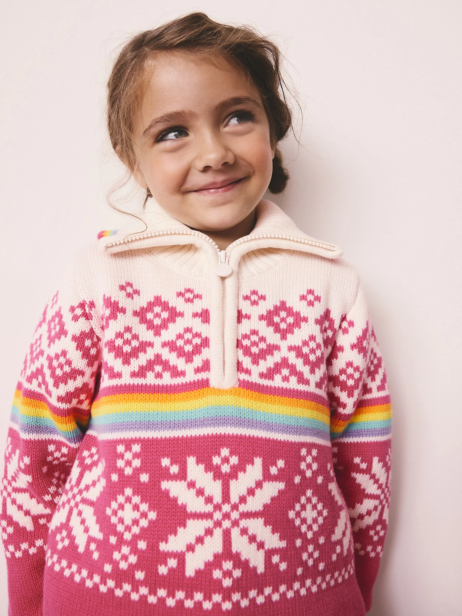 Little Bird by Jools Oliver Kindertrui met heldere Fairisle kwart-rits en gebreide familie Kerstmis Trui