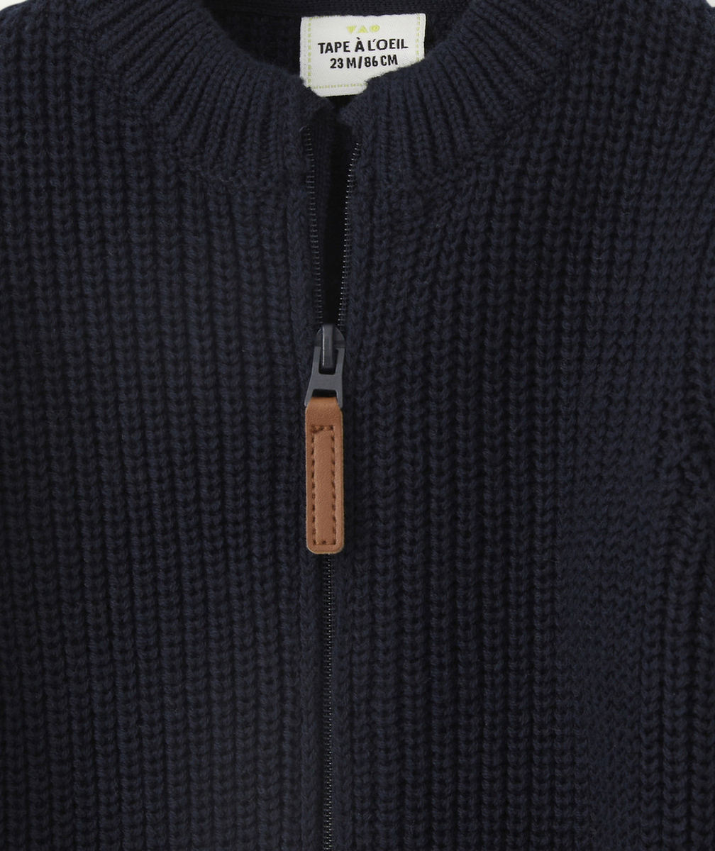 GILET EN TRICOT À ZIP BI MATIÈRE BLEU MARINE BÉBÉ GARÇON