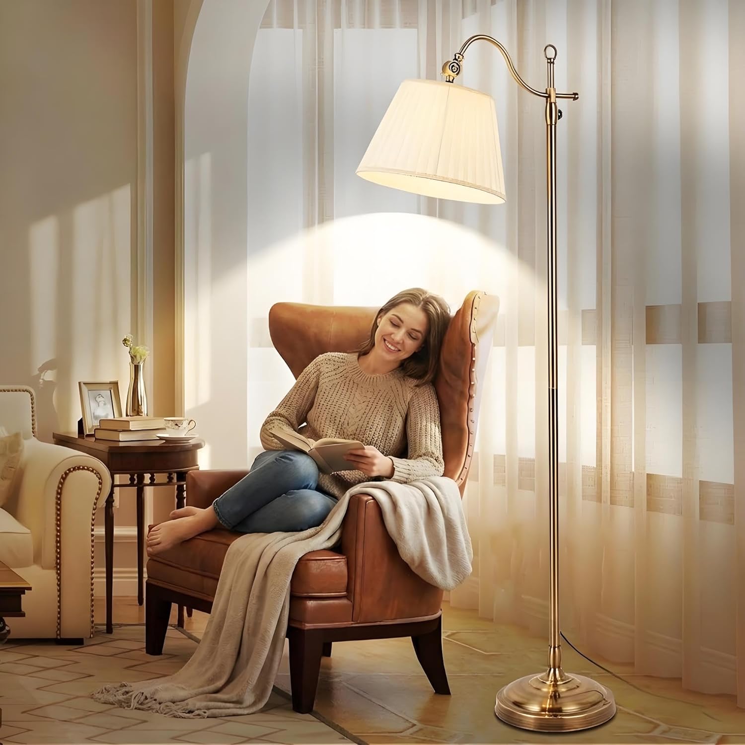 Stehlampe Wohnzimmer Vintage Stehlampe mit Fernbedienung, 12W LED Retro Stehleuchte Dimmbar mit Schirm aus Stoff, E27 Fassung, für Schlafzimmer Arbeitszimmer, Bronze