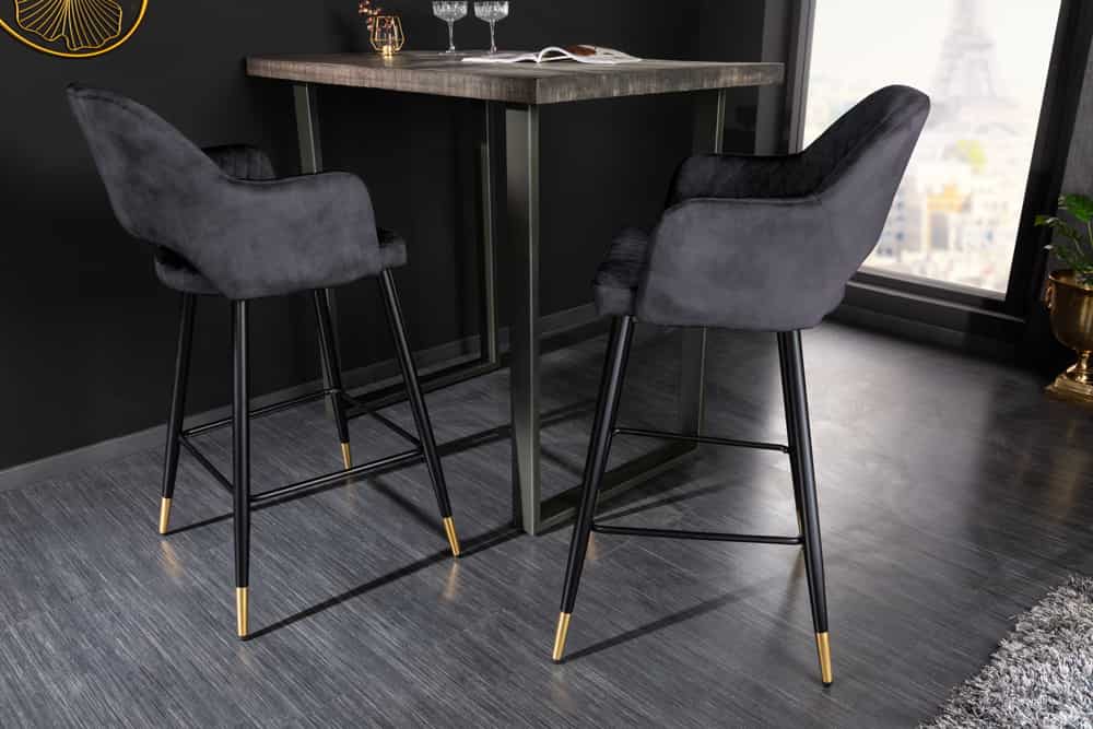 Design Barhocker PARIS grau Samt mit Lehne Metall schwarz gold Ziersteppung