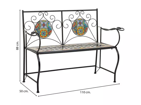 Banc en mosaïque et fer forgé noir 110x50x88h