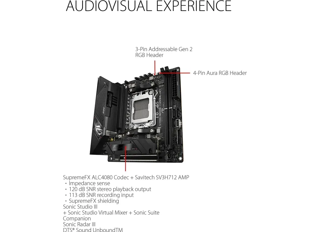 ASUS ROG Strix B650E-I Gaming WiFi - Bundkort - mini ITX - Socket AM5 - AMD B650 Chipset - USB-C 3.2 Gen 2x2, USB-C 3.2 Gen2, USB 3.2 Gen 2, USB 3.2 Gen 1 - 2.5 Gigabit LAN, Wi-Fi 6E - onboard grafik (CPU påkrævet) - HD Audio (8-kanaler)
