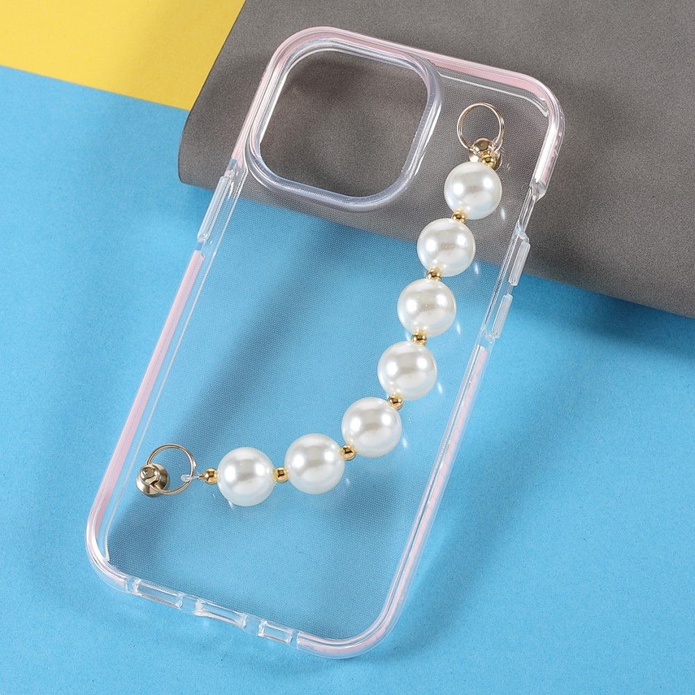 iPhone 13 Pro Hybrid Bumper Gummi Hülle mit Perlenkette Handschlaufe - Transparent / Rosa