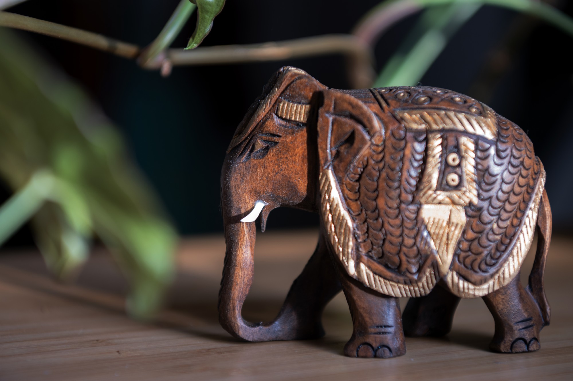 Elefant aus Holz mit Sattel, braun, gold, H 8 cm, B 10 cm, T 5 cm von fischer's lagerhaus