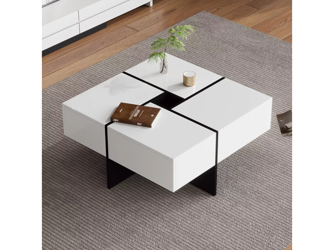 Table basse coulissante avec 4 compartiments cachés - 70 x 70 x 35 cm - panneaux de particules - blanc