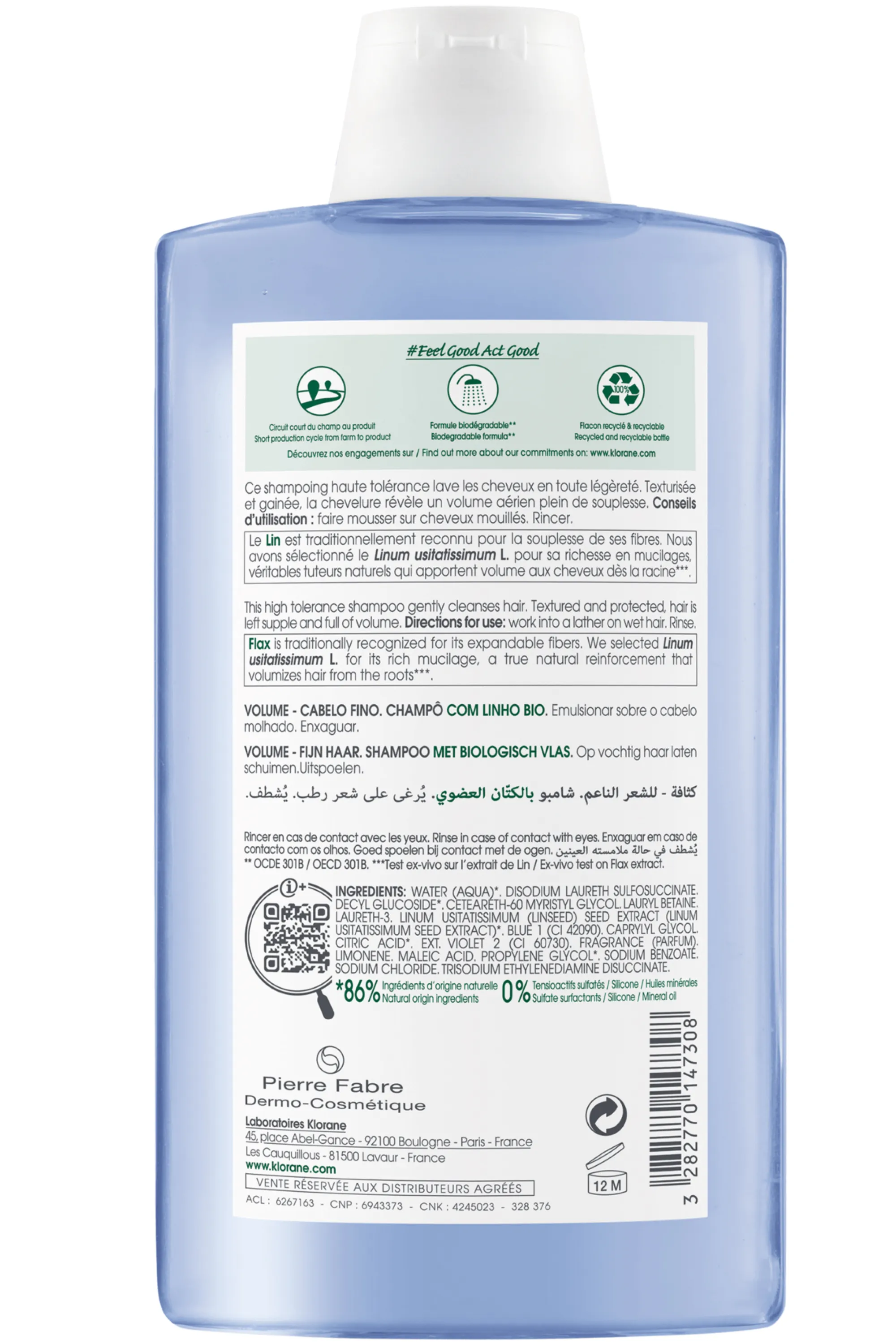 Klorane Shampoing au Lin bio pour cheveux fins-400 ml