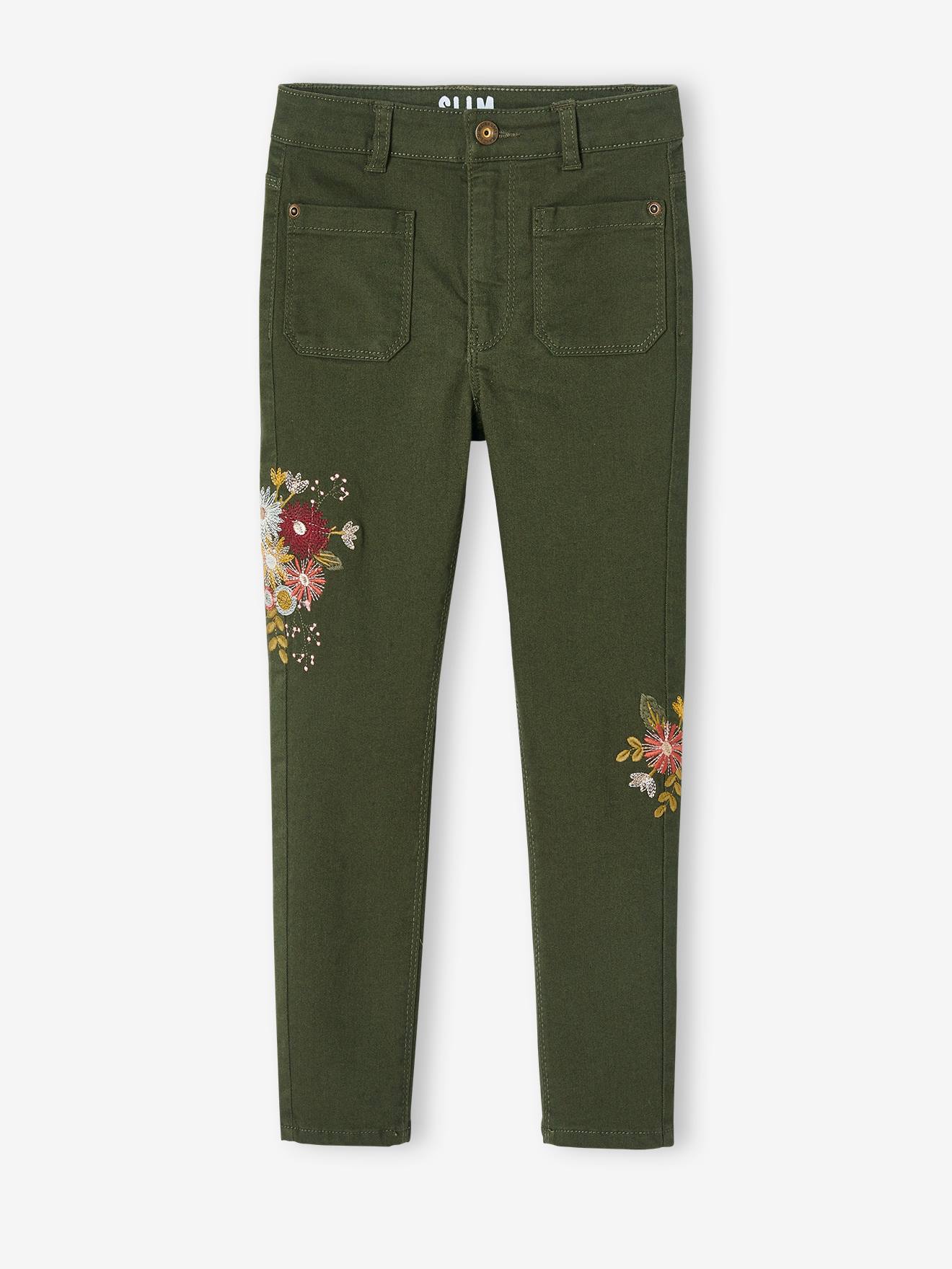 Calças justas com bordado floral e cintura alta, lisas em tom castanho claro com motivos florais para meninas.