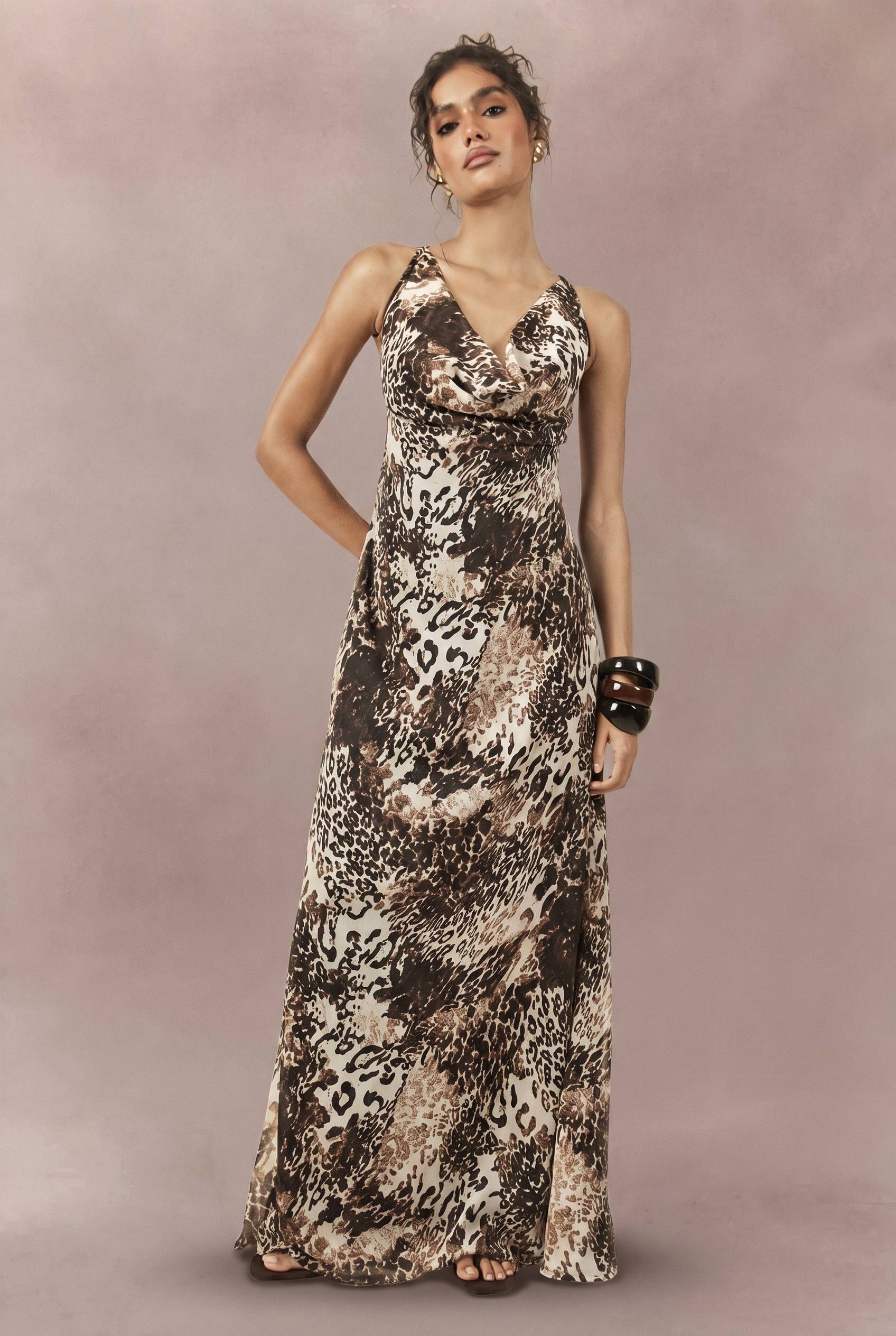 boohoo Robe Longue Nuisette En Mousseline À Imprimé Animal Tonal Avec Drapé Devant Et Dos