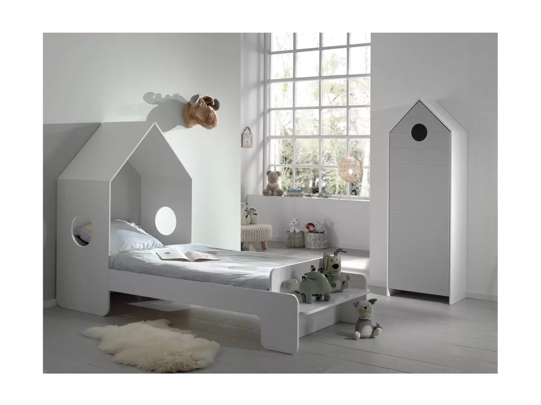HAVRE - Pack Lit Cabane 90x200cm + Armoire Grise