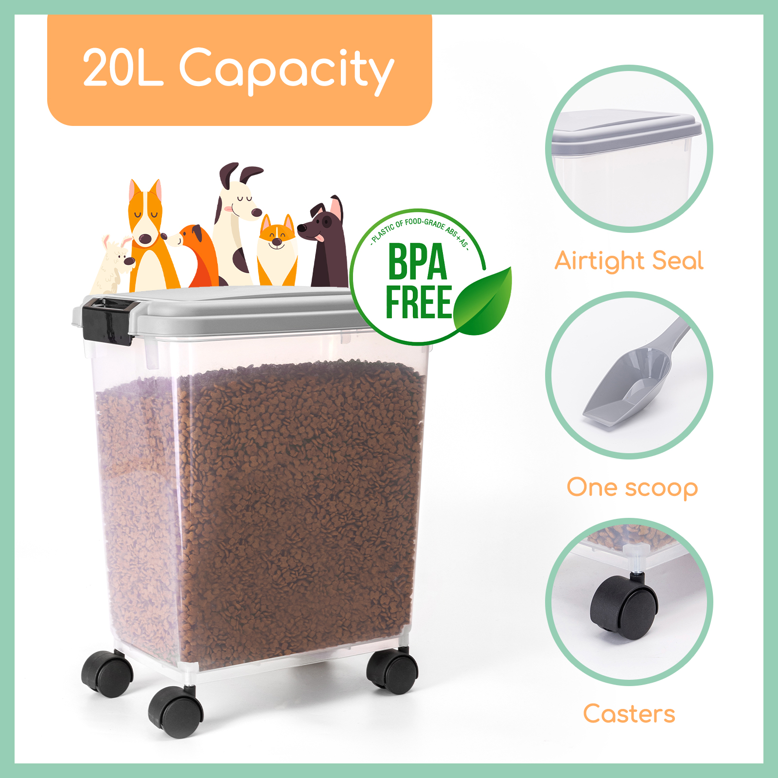 Nobleza - Recipiente para ração de 20 litros, caixa para ração com rodas, tampa articulada, hermética, transparente, com rodas e pá, para ração de cães e gatos, cinza.