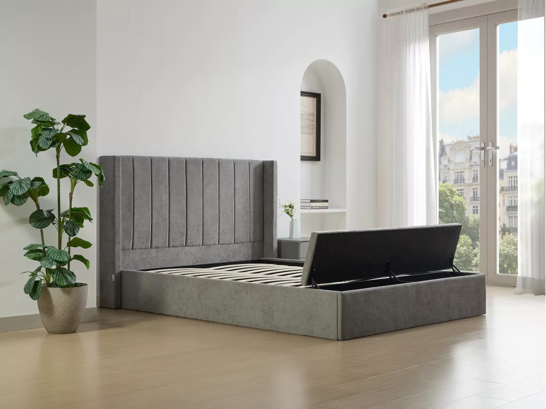Lit coffre 140 x 190 cm avec banc - Tissu - Gris + Matelas - DOUINO