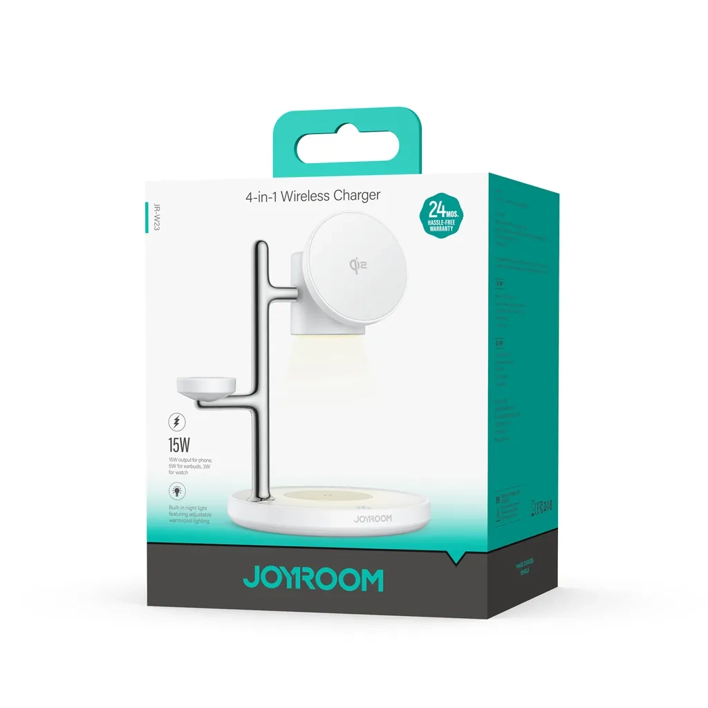 (15W) 4in1 Qi2 Wireless Charger Fast Charging Ladegerät Ladestation mit LED Beleuchtung Nachtlicht (JR-W23) - Weiss