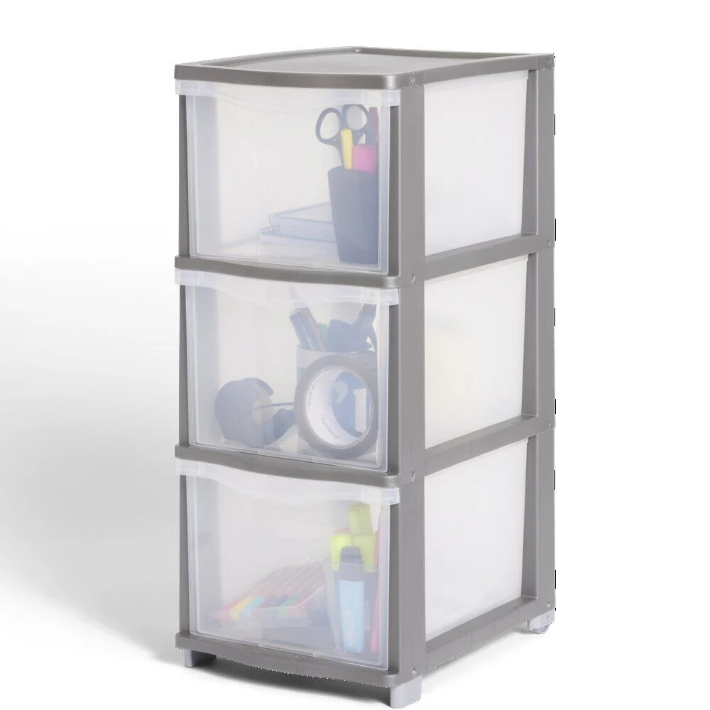 Tour de rangement 3 tiroirs plastique gris 37x27xH63cm