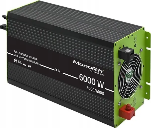 Qoltec Monolith 3-i-1 solcelleinverter med AC-opladning | MPPT | UPS |ATS | 3000W | 6000W | 12V til 230V | Pure Sine Inverter