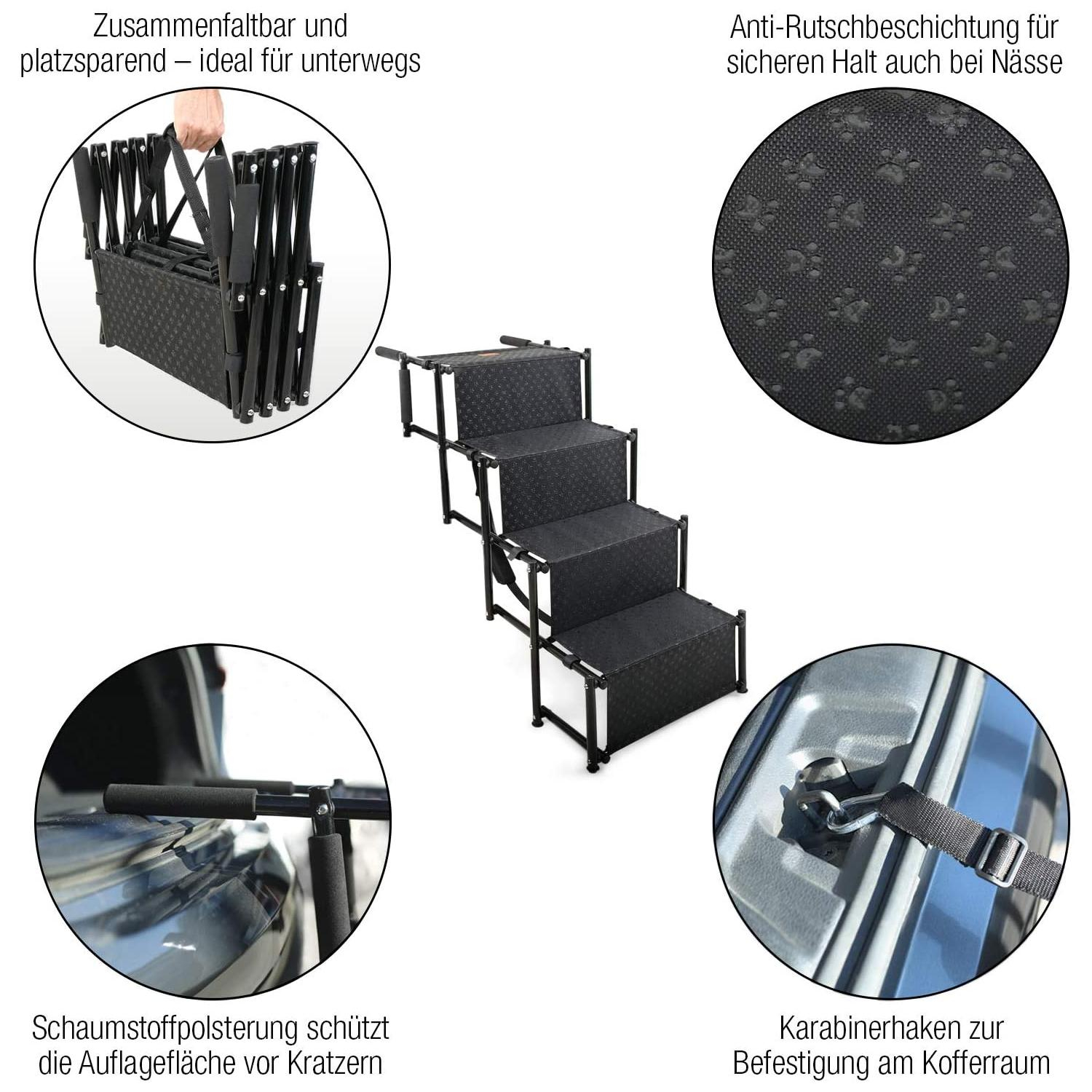 Faltbare Hundetreppe Auto Einstieghilfe Tragbare Hunde Rampe mit 4 Stufen - Schwarz