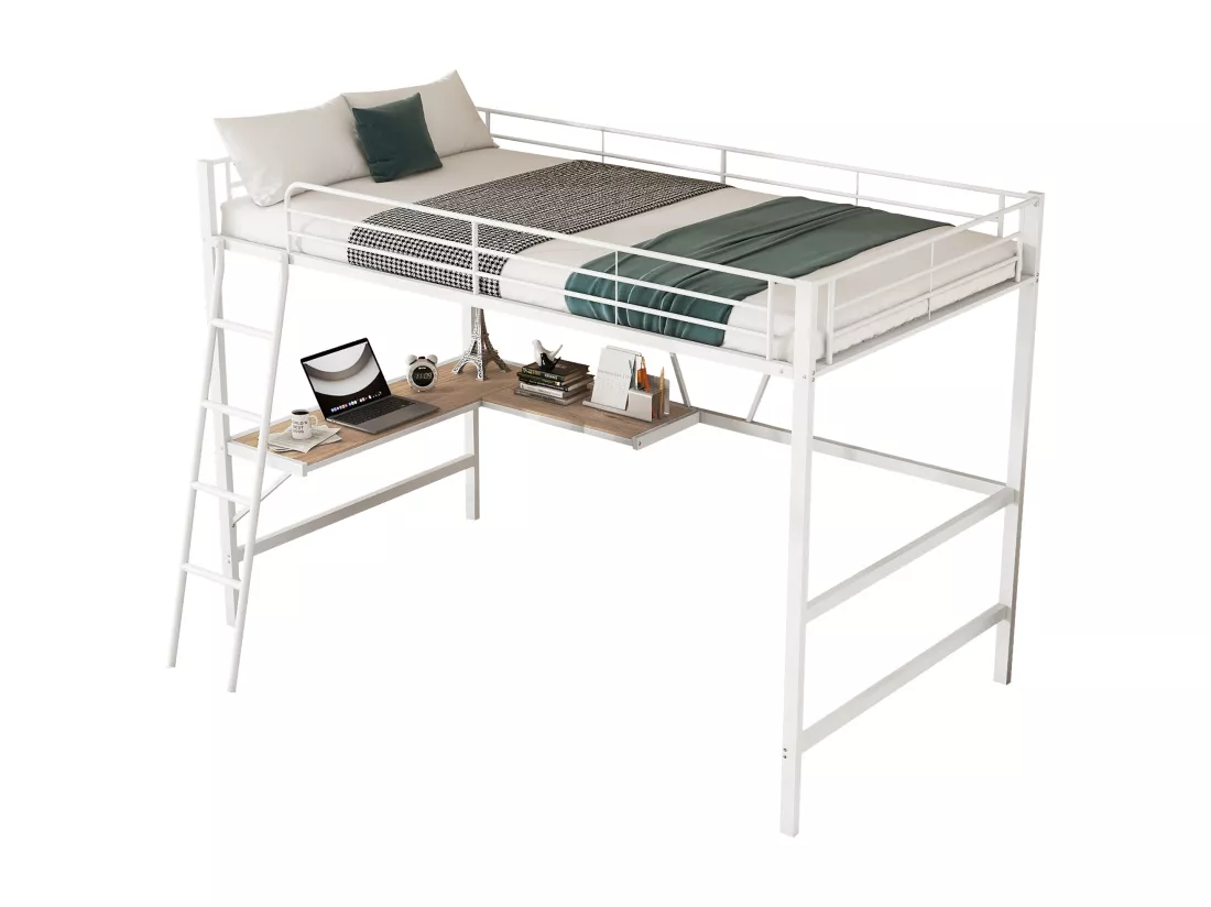 Lit mezzanine en fer - 90x200cm - avec bureau d'angle et une étagère - Blanc