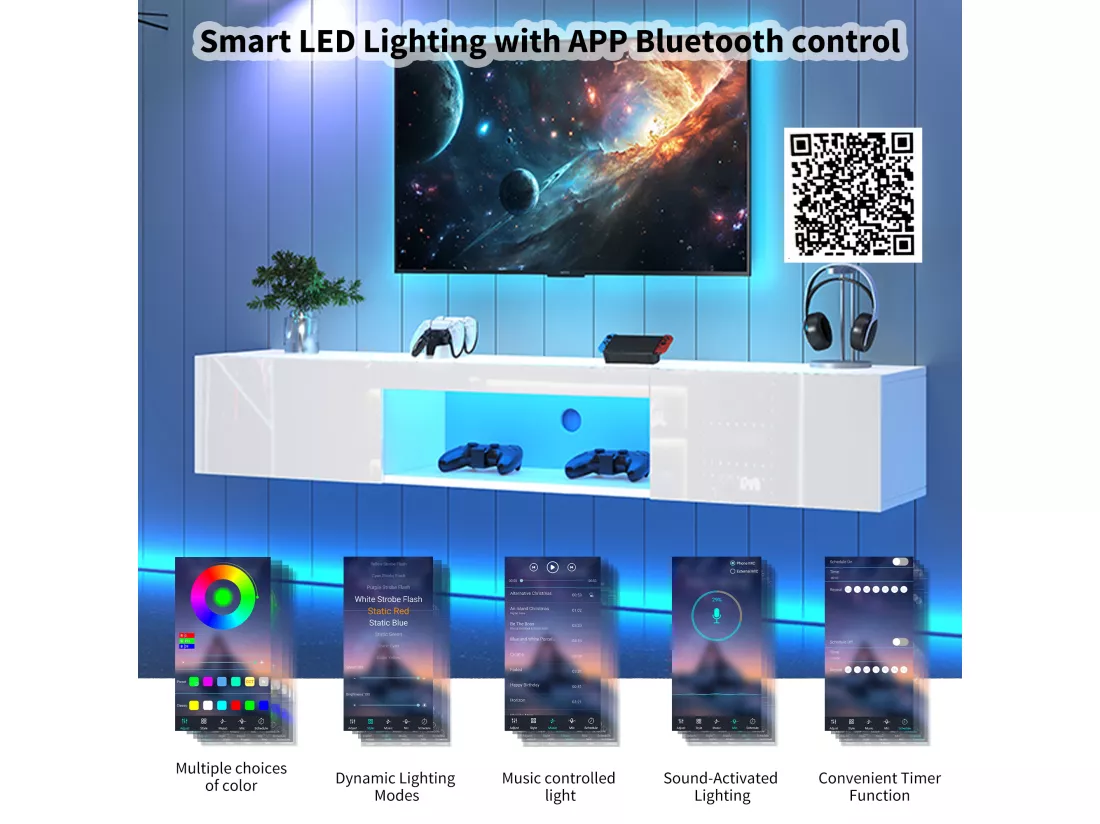 Meuble TV suspendu avec 2 portes et compartiment ouvert - 160 x 31 x 22 cm - LEDs - Panneau de particules - Blanc brillant