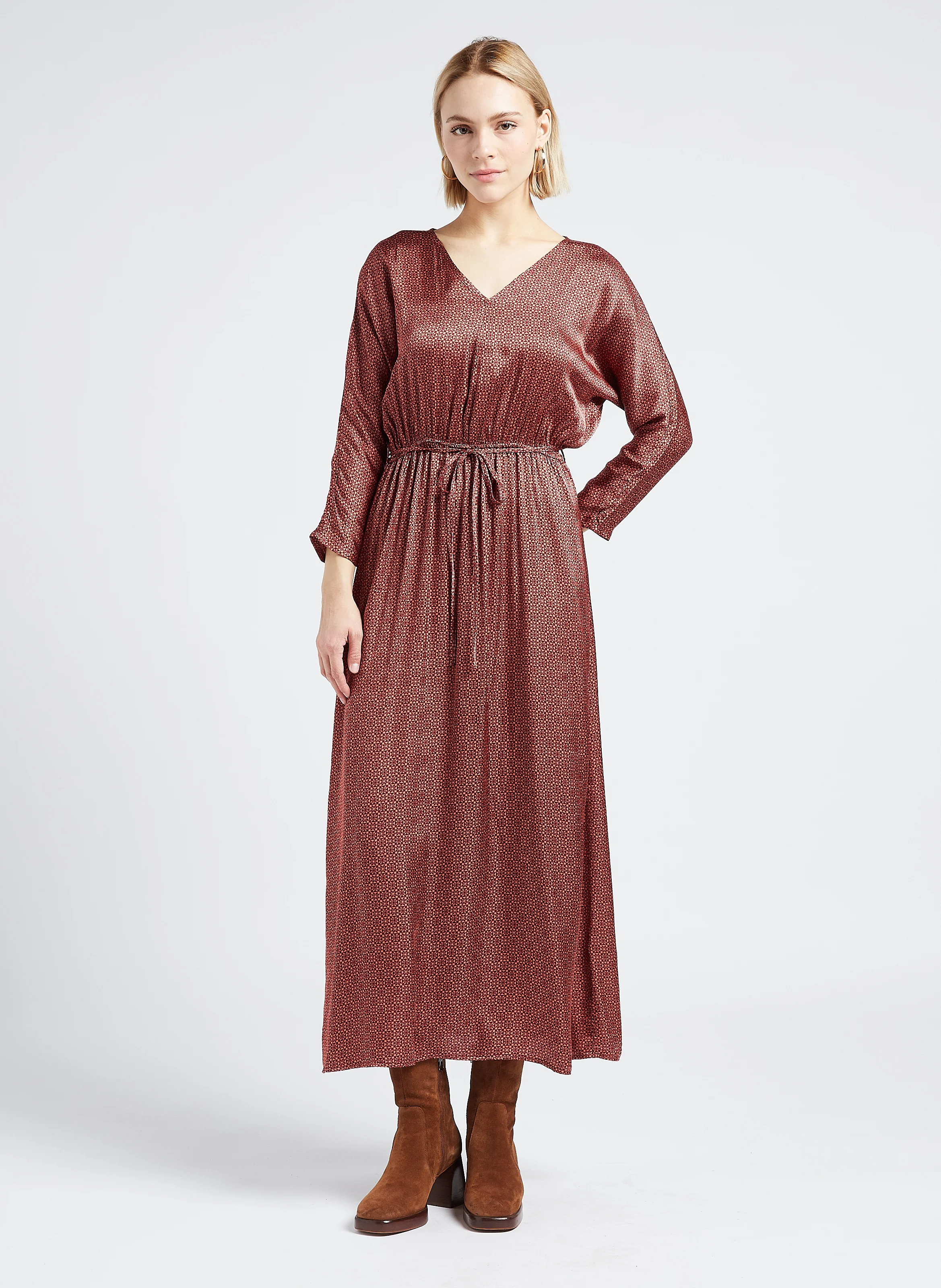 LUNA - Robe midi col V imprimée| Doré