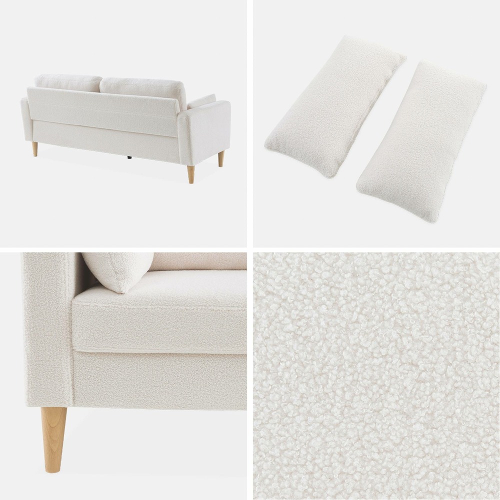 Canapé à bouclettes blanches - bjorn - canapé 3 places fixe droit pieds bois. Style scandinave