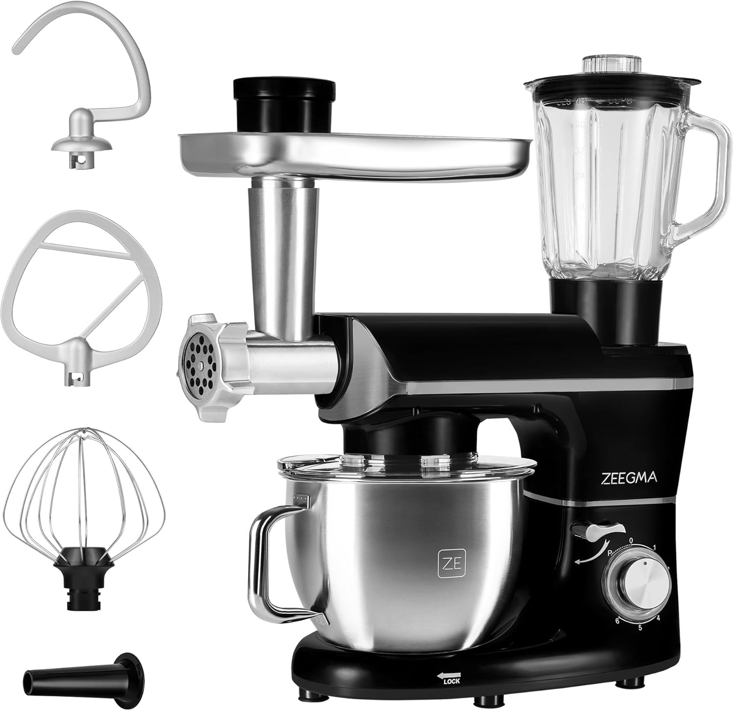 ZEEGMA PLANEET MULTI 1900 W 3-in-1-Planeten-Küchenmaschine, multifunktionale Küchenmaschine mit 6,2-l-Schüssel mit Griff und Deckel, Standmixer, Fleischwolf, 6 Geschwindigkeiten
