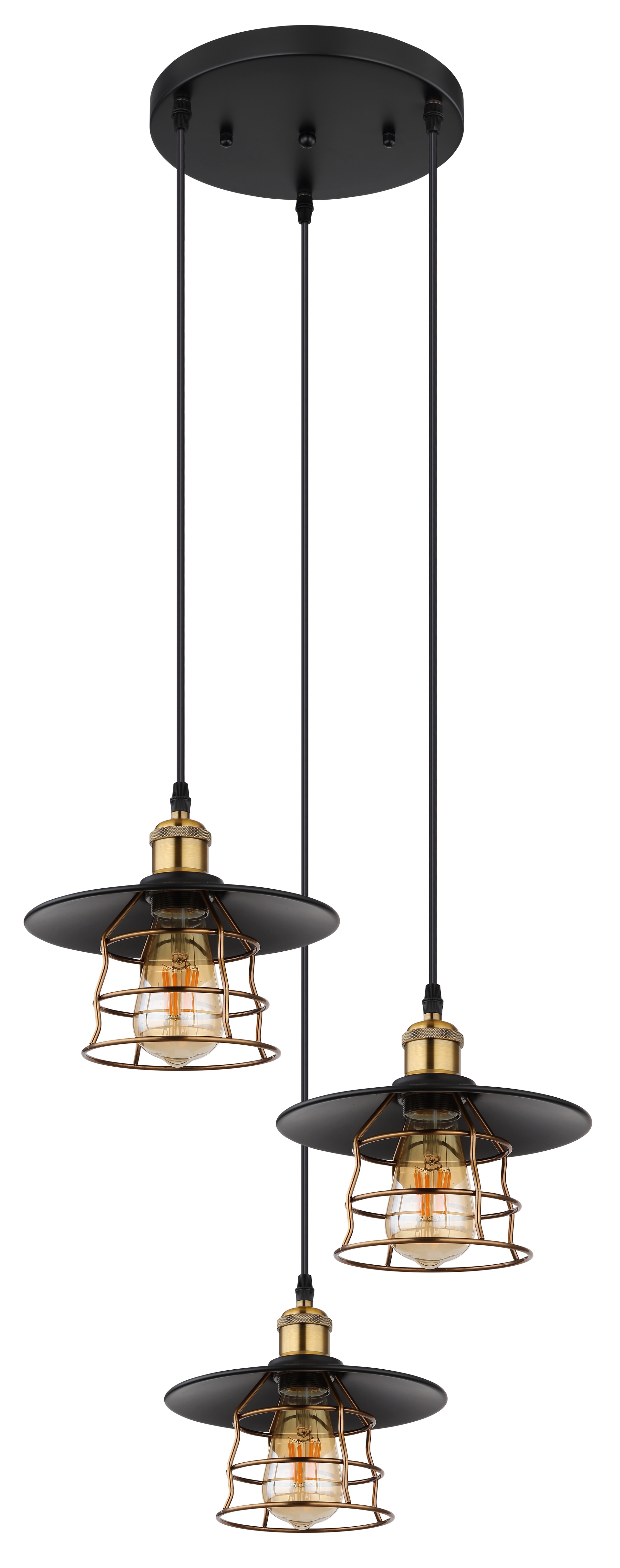 GLOBO Retrofit Pendelleuchte Viejo 3-flg Schwarz /Altmessingfarbig 33cm H.155cm Metall,Geflecht,Matt,höheneinstellbar,Innen