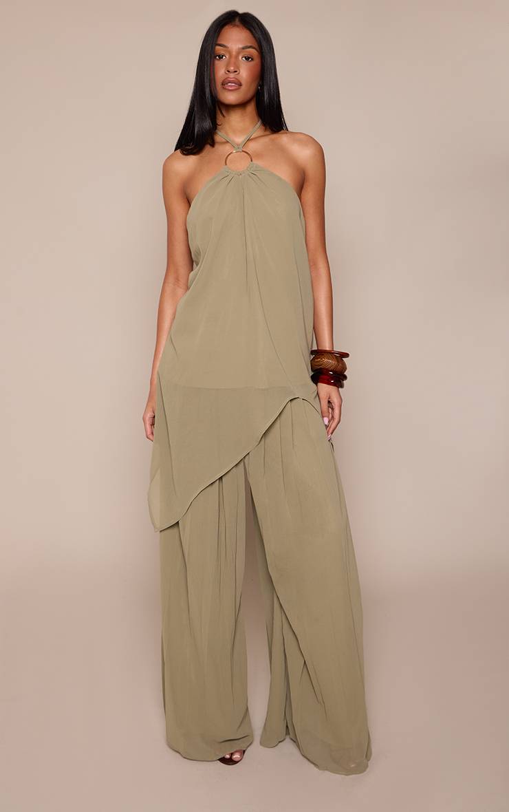 Vert Olive Ensemble Coordonné Haut Asymétrique Fluide Avec Détails Ajustés Tall