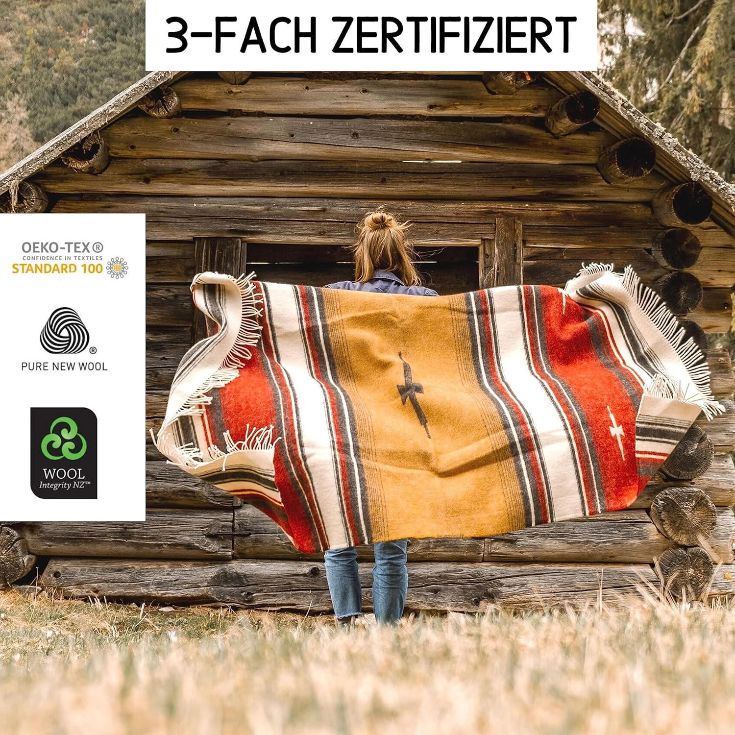 Wolldecke Patagonia (135x200 cm) Decke Boho aus 100% Schurwolle | Wolldecke für Kinder & Erwachsene | Bunte Decke in rot gelb schwarz | Fair produziert in der EU