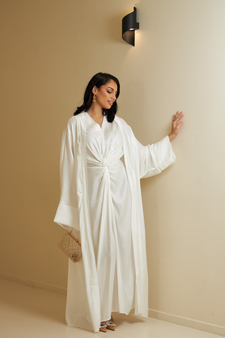 Ensemble 2 pièces abaya + gilet blanc satinée