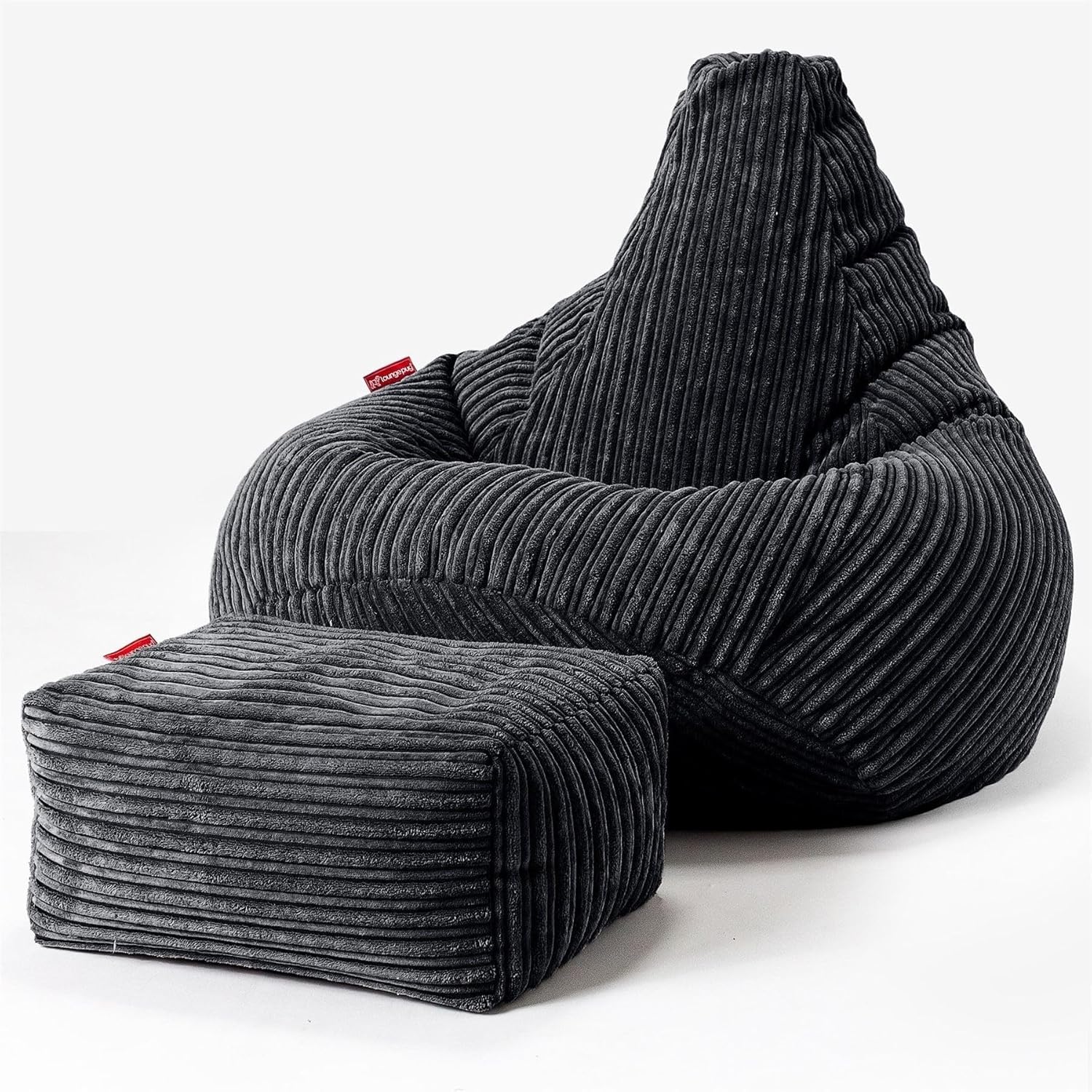 Lounge Pug, Gaming Sitzsack Sessel mit Hocker, Cord Schwarz