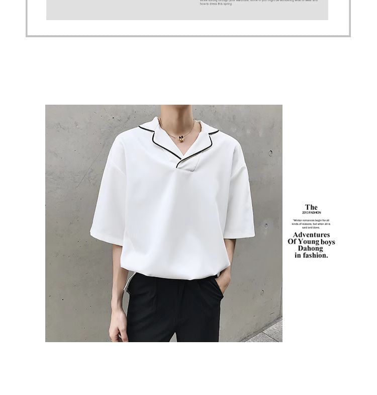 Bjorn - T-shirt met 3/4-mouwen, reverskraag en contrasterende bies en split