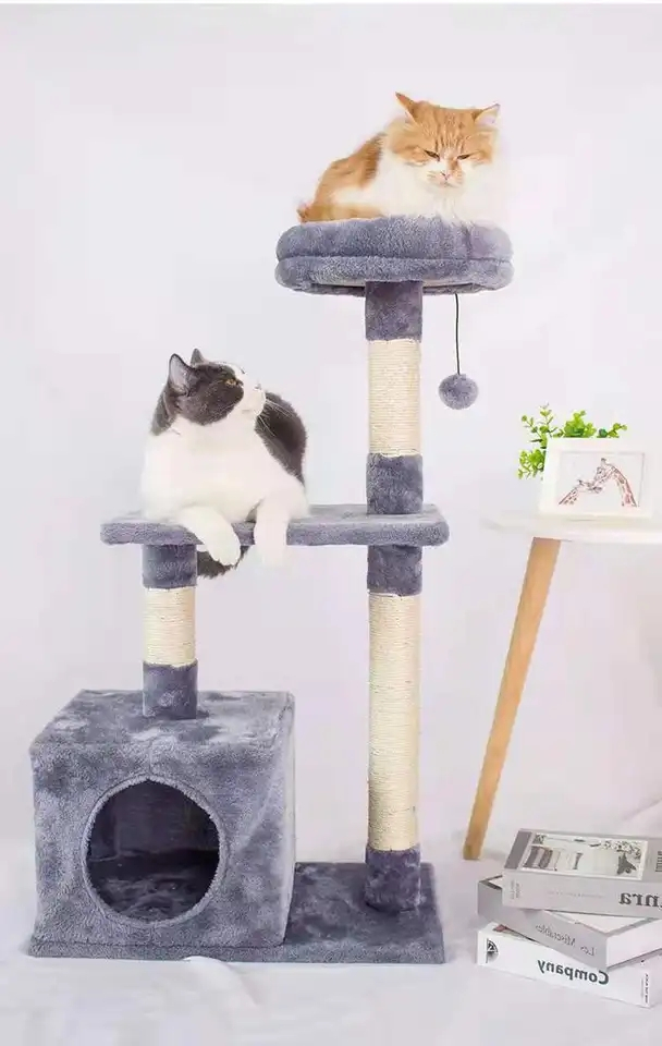 (88cm) Katzen Baum Sisal Kratzsäulen mit Häuschen / Spiel Ball / Aussichts Plattform - Grau