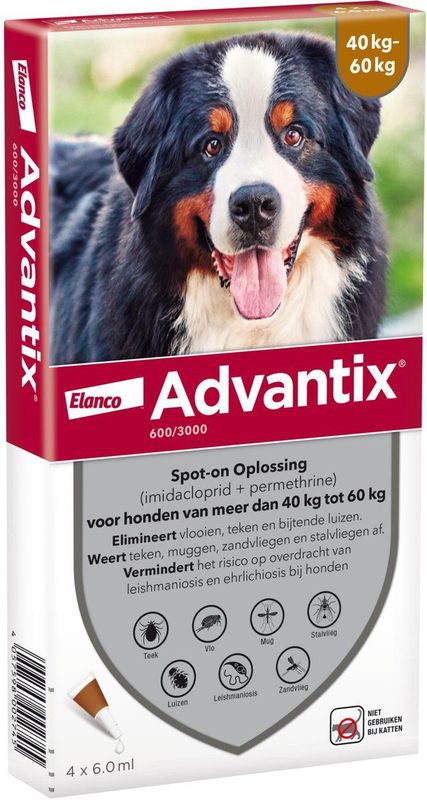 Advantix Spot On 600 Anti Vlooien en Teken Druppels Hond 40 - 60 kg 4 pipetten