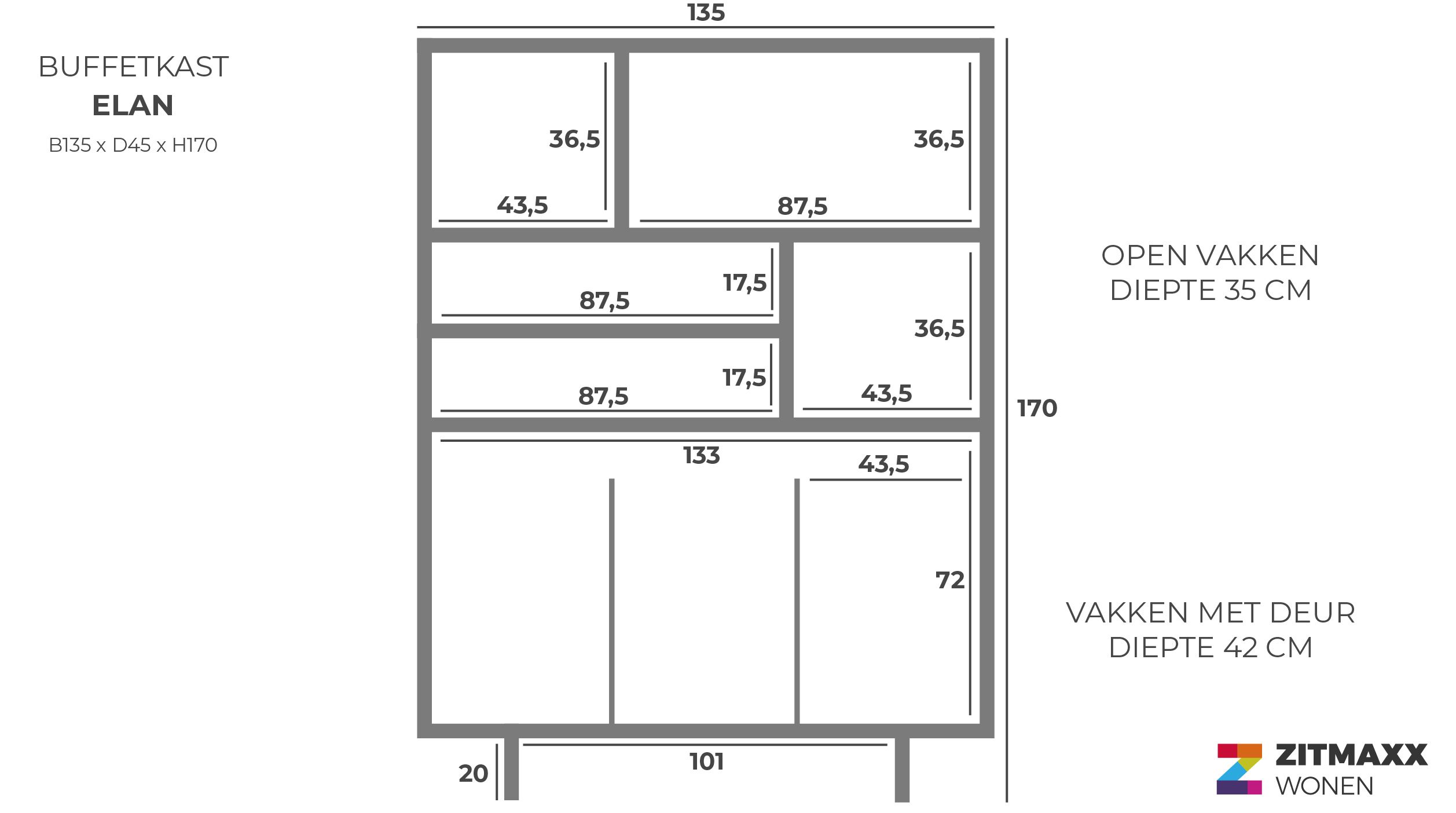 Buffetkast Elan B135 x D45 x H170 cm