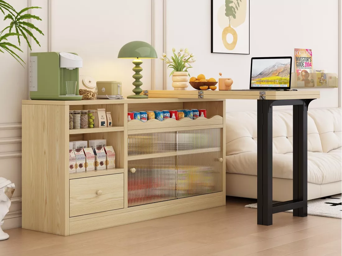 Meuble de bar、Buffet avec table pliante escamotable - grand espace de rangement - Naturel & Noir