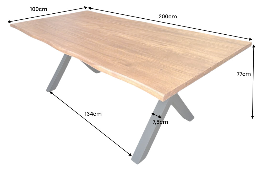 Massiver Esstisch GENESIS 200cm braun Akazienholz schwarz X-Gestell Baumkante