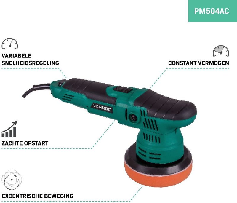VONROC Excentrische polijstmachine - poetsmachine – 650W – Ø125mm – Soft start – Vast vermogen & 1 polijstschijf