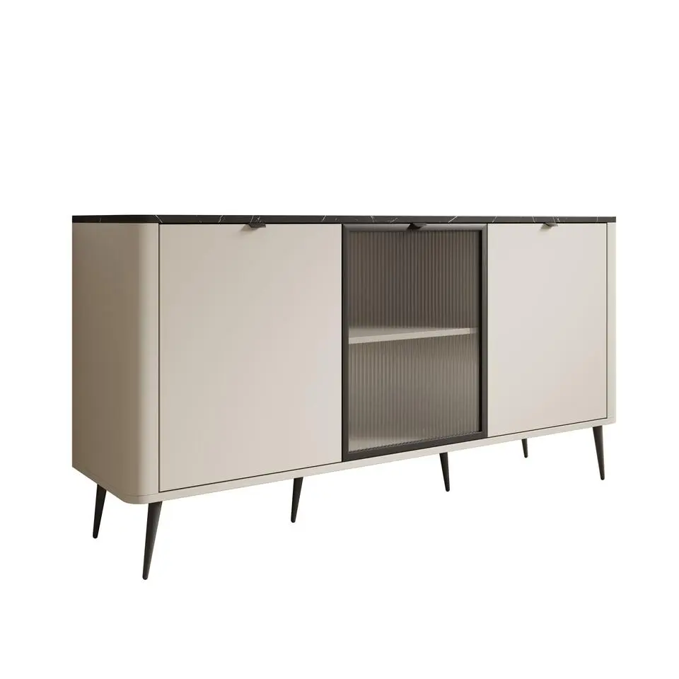 Meubella - Dressoir Mace - Beige - 160 cm - Met glas