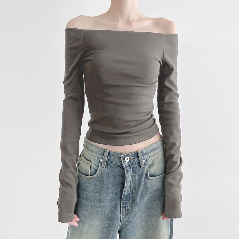 BrickBlack - T-shirt met lange mouwen en off-shoulder effen cropped slim fit