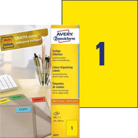 Avery Zweckform 3473 Farbige Etiketten,A4 210 x 297 mm, 100 Bogen/100 Etiketten, gelb