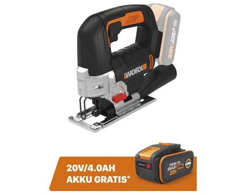 WORX 20V 80mm snoerloze decoupeerzaag WX543.9 + GRATIS bonusartikel 20V accu WA3644 (4,0Ah)