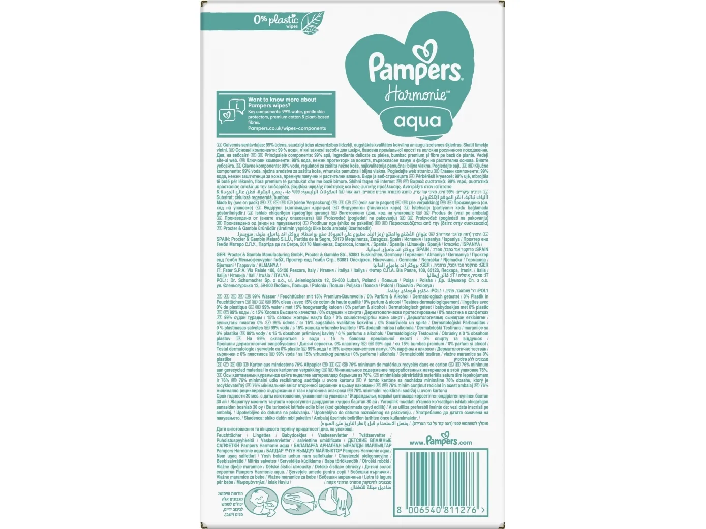 Pampers Harmonie Aqua vådservietter 0% plast 24x48 stk.
