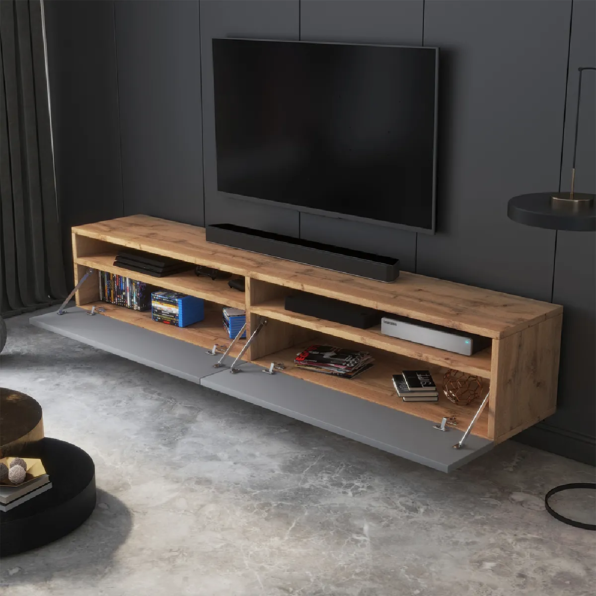 Selsey Meuble TV Rednaw 180 cm Chêne Wotan/Gris